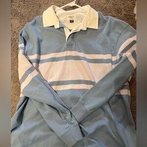 American Eagle Outfitters Light Blue & White Striped Rugby Polo